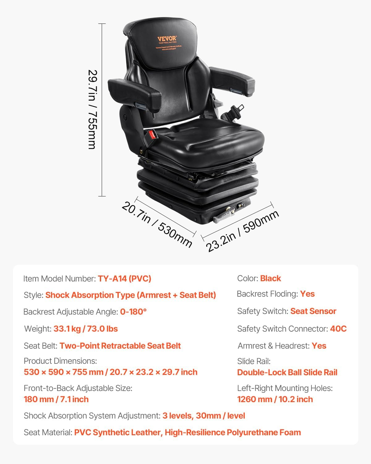 Universal Forklift Seat, Tractor Seat with Armrest & Adjustable Backrest