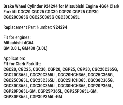(2X) Brake Wheel Cylinder 924294 for Mitsubishi Engine 4G64 Clark Forklift