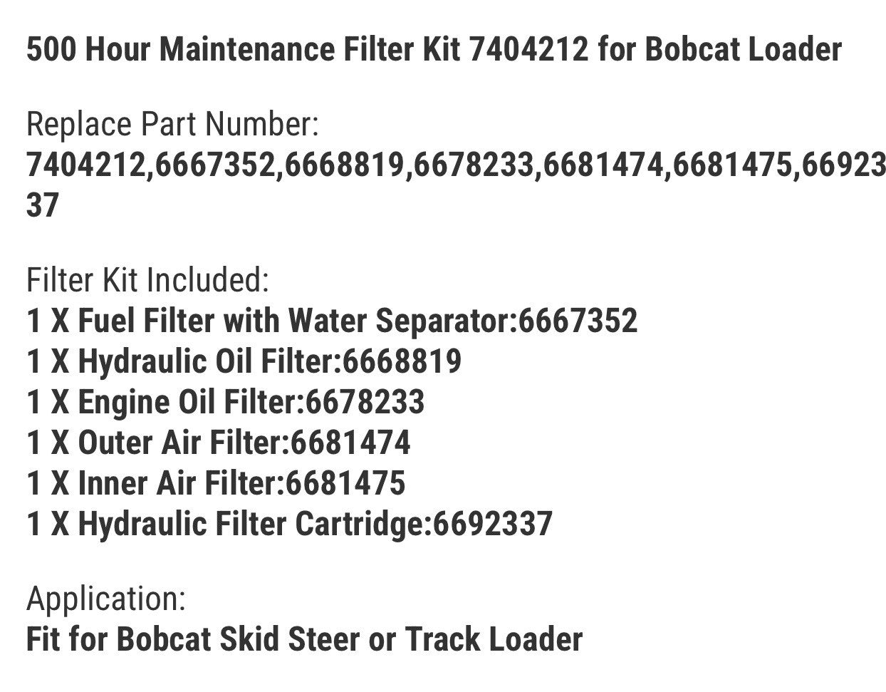 500 Hour Maintenance Filter Kit 7404212 for Bobcat Loader