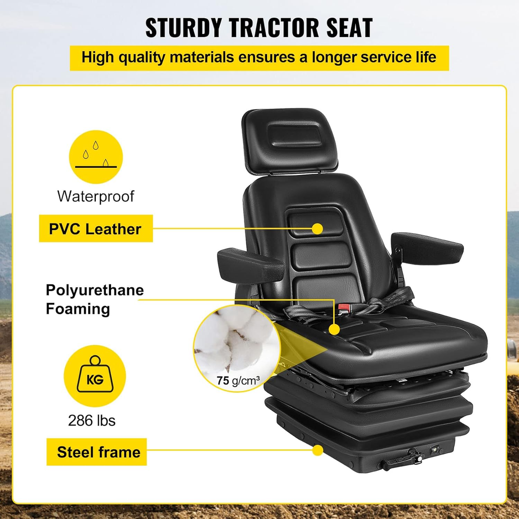 Forklift Seat w/ Slide Rails, Foldable for Tractor Forklift Excavator Skid Steer