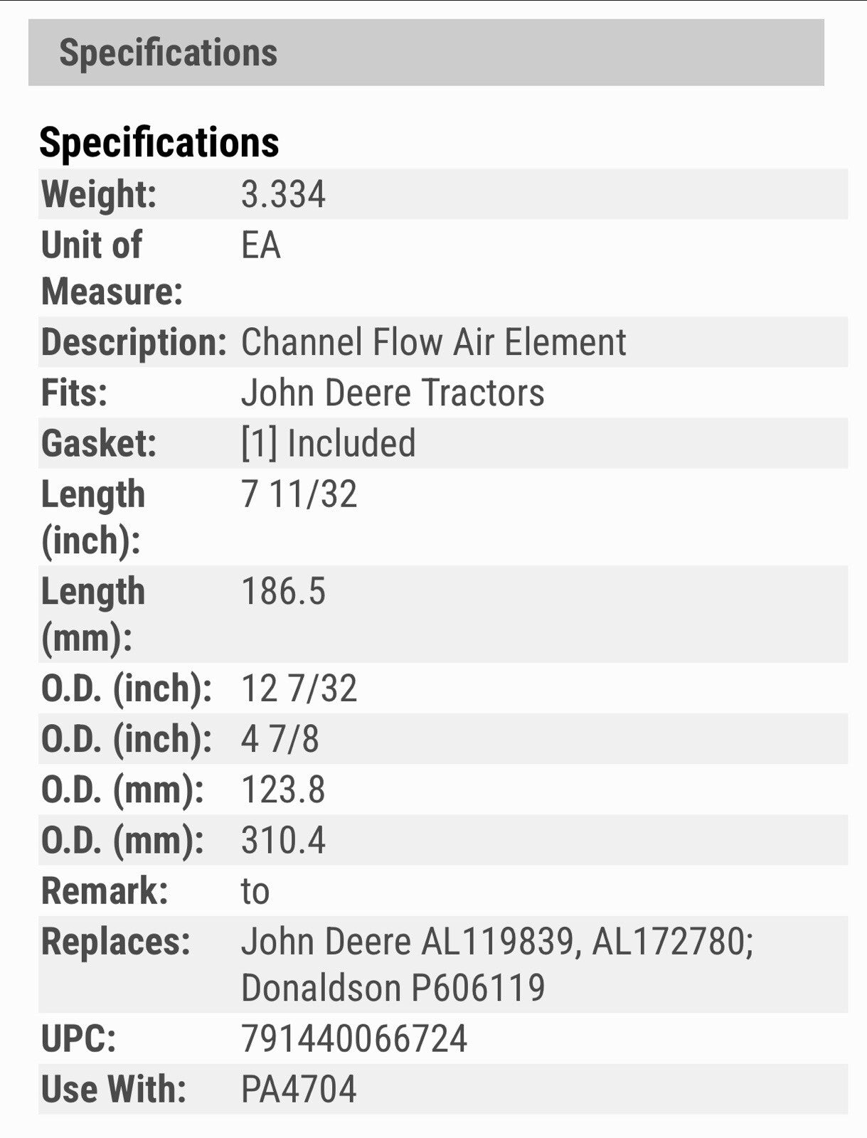 Filter - Air Channel Flow CA4702 Fits John Deere 6620 6320 6110 6110 6420 6420