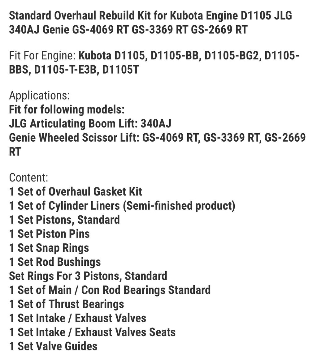 Standard Overhaul Rebuild Kit for Kubota Engine D1105 JLG 340AJ Genie GS-4069 RT