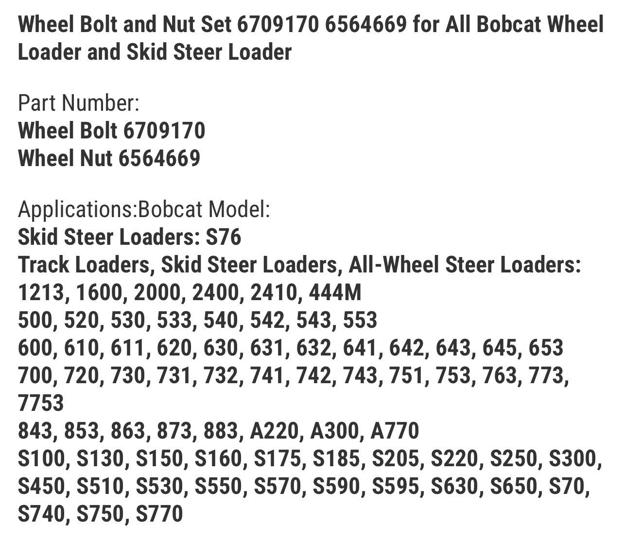 Wheel Bolt and Nut Set for All Bobcat Wheel Loader and Skid Steer Loader