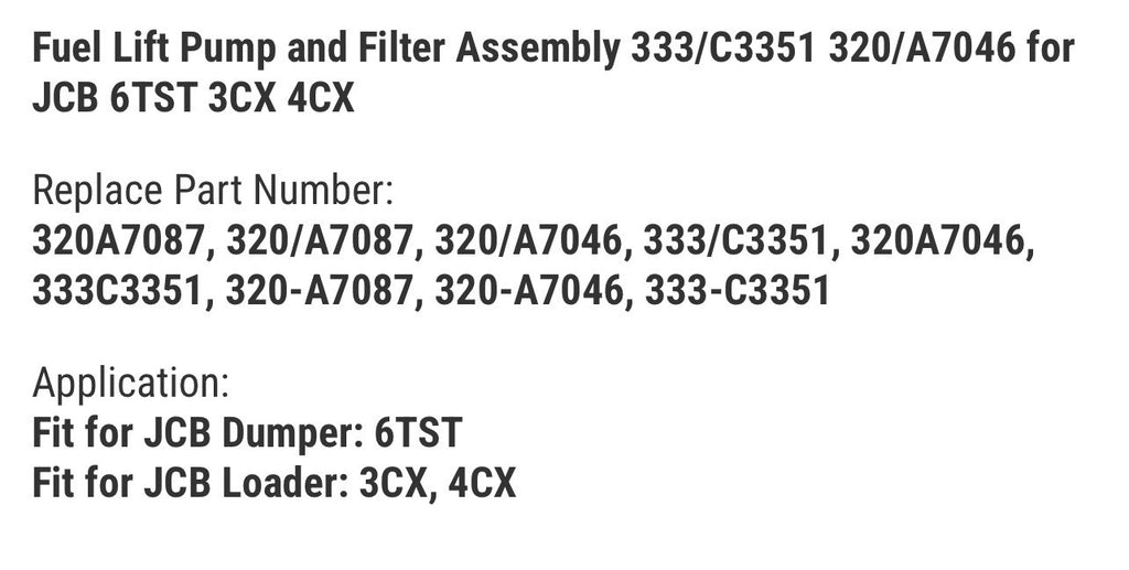 Fuel Lift Pump and Filter Assembly 333/C3351 320/A7046 for JCB
