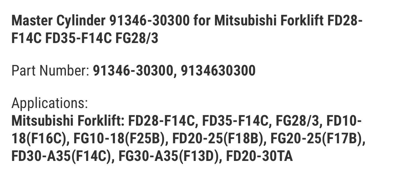 Master Cylinder 91346-30300 for Mitsubishi Forklift FD28-F14C FD35-F14C FG28/3