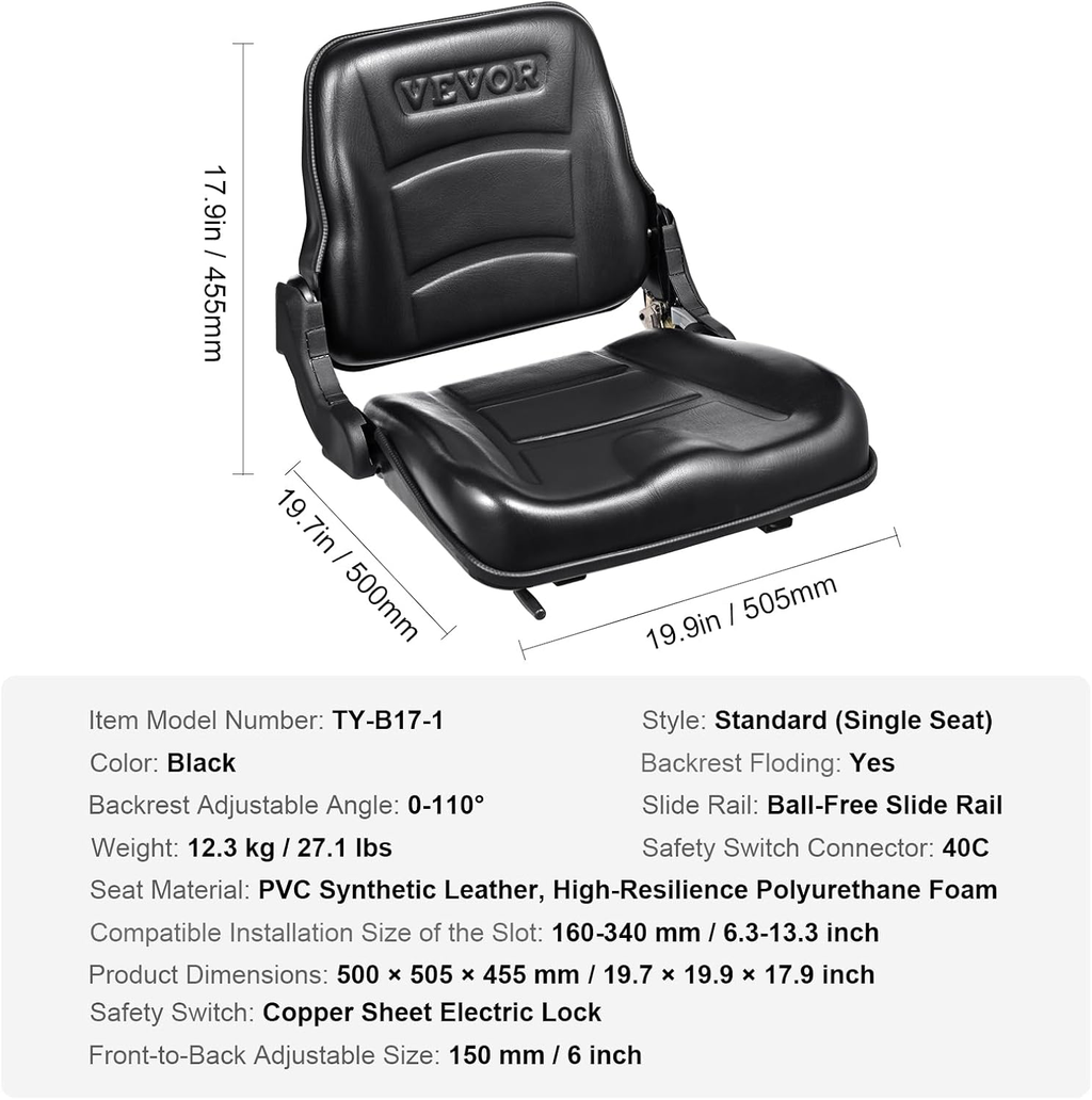 Universal Forklift Seat, Fold down Tractor Seat with Adjustable Angle Back