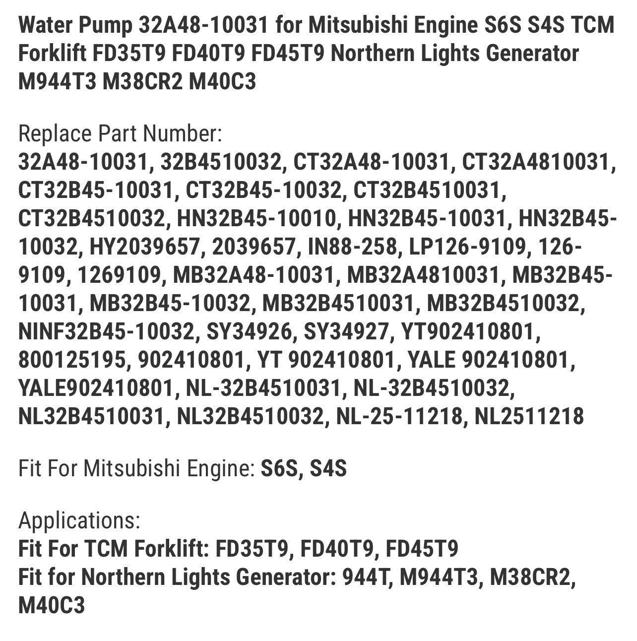 Water Pump 32A48-10031 for Mitsubishi Engine S6S S4S TCM Forklift FD35T9 FD40T9