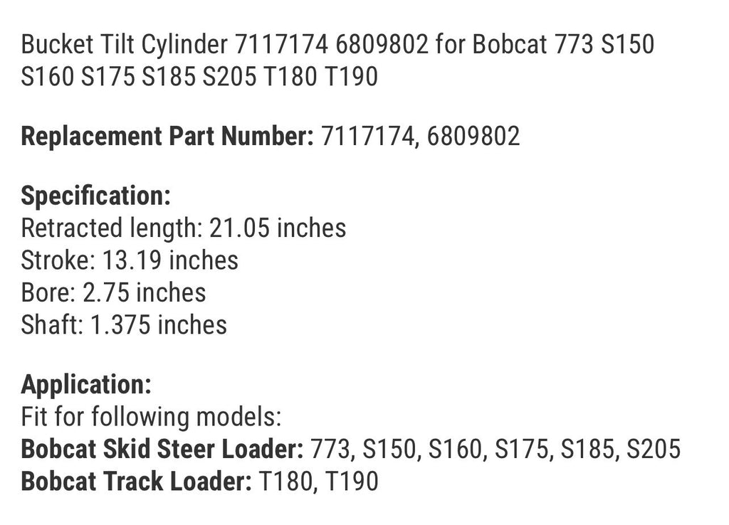 Bucket Tilt Cylinder 7117174 6809802 for Bobcat 773 S150 S160 S175 S185 S205