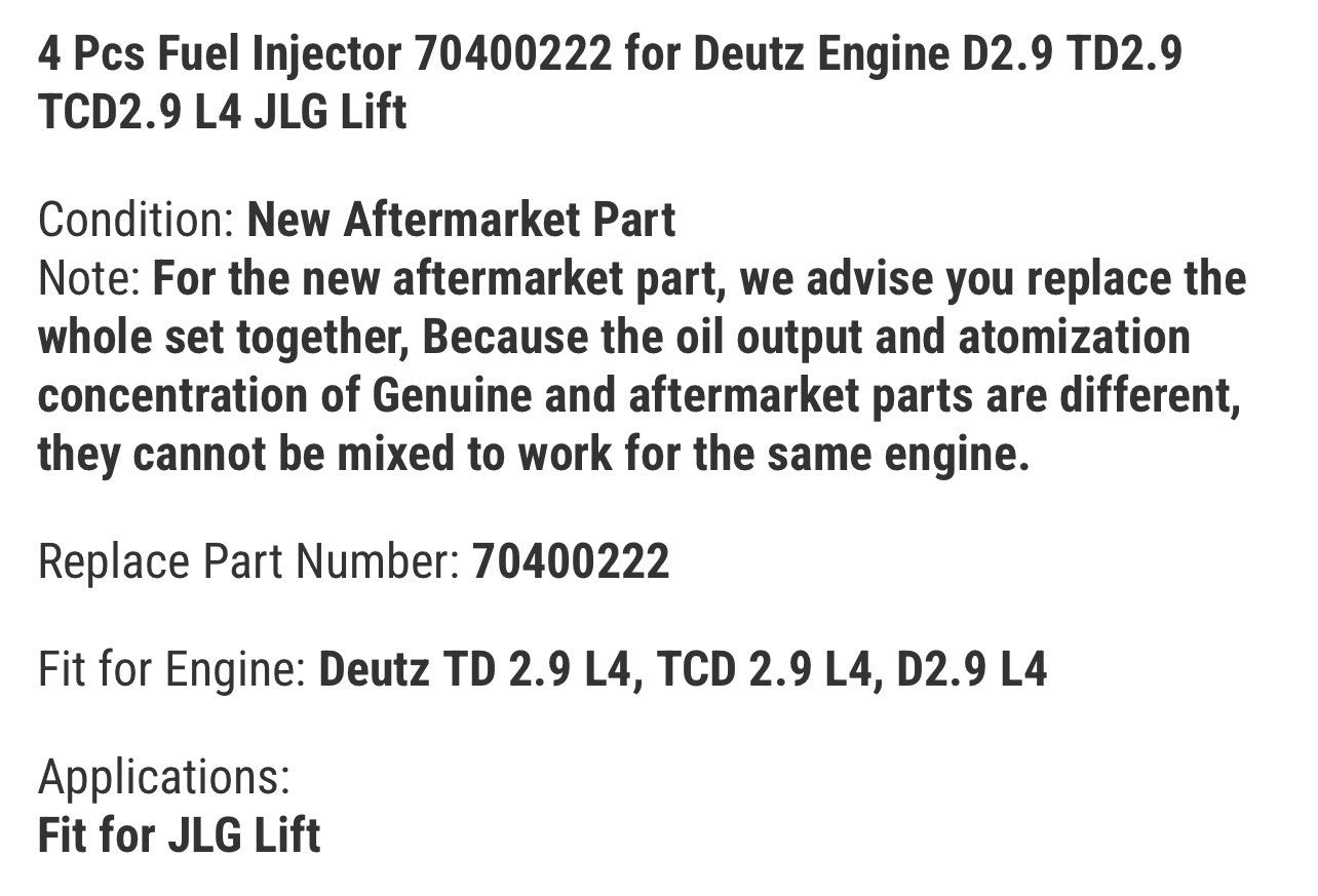 4 Pcs Fuel Injector 70400222 for Deutz Engine D2.9 TD2.9 TCD2.9 L4 JLG Lift