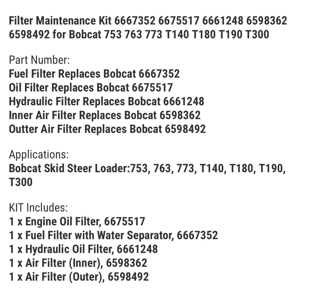 Filter Maintenance Kit for Bobcat 753 763 773 T140 T180 T190 T300