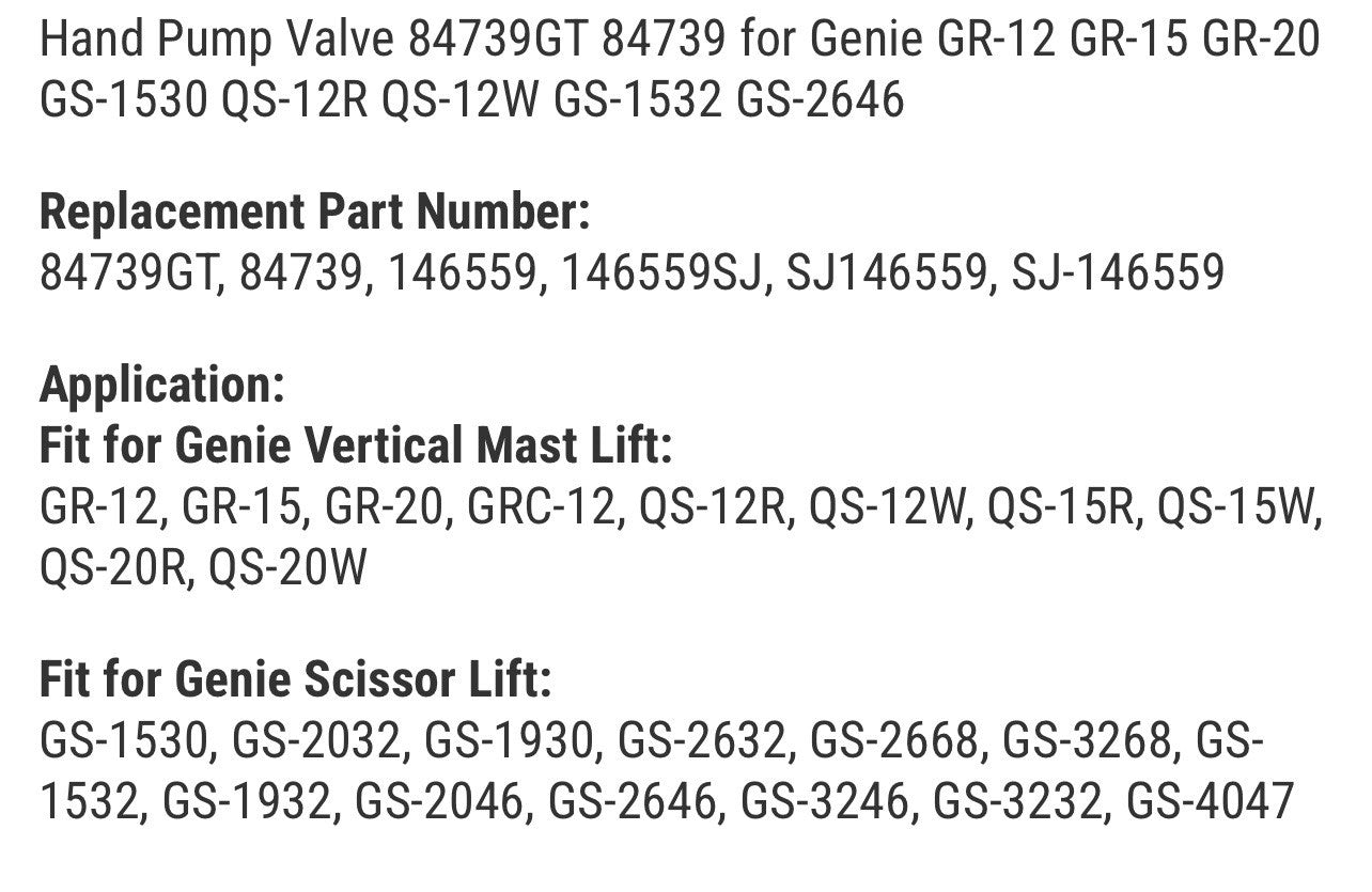 Hand Pump Valve 84739GT 84739 for Genie GR-12 GR-15 GR-20 GS-1530 QS-12R QS-12W
