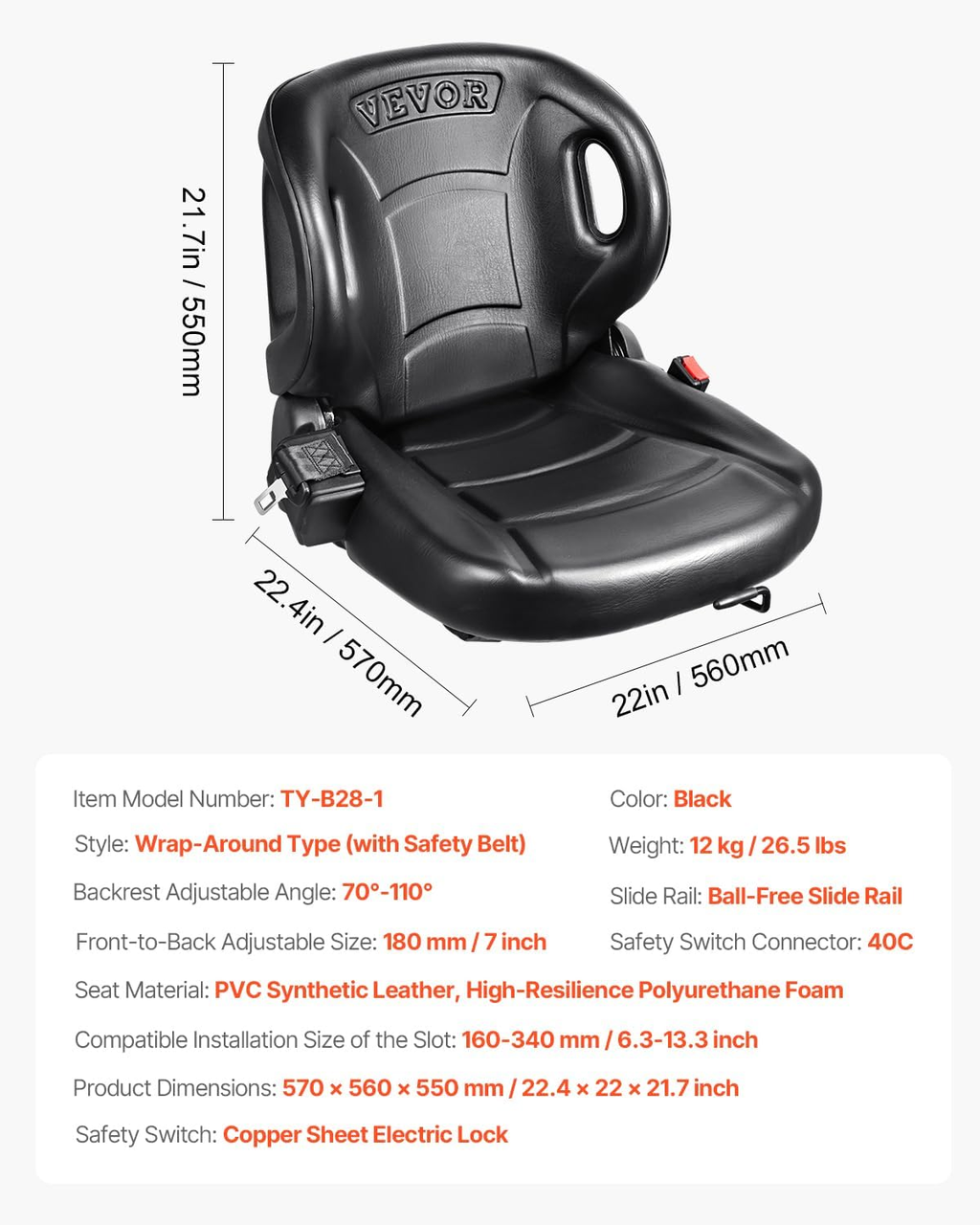 Universal Forklift Seat,Tractor Seat with Micro Switch, W/Seat Belt Forklift