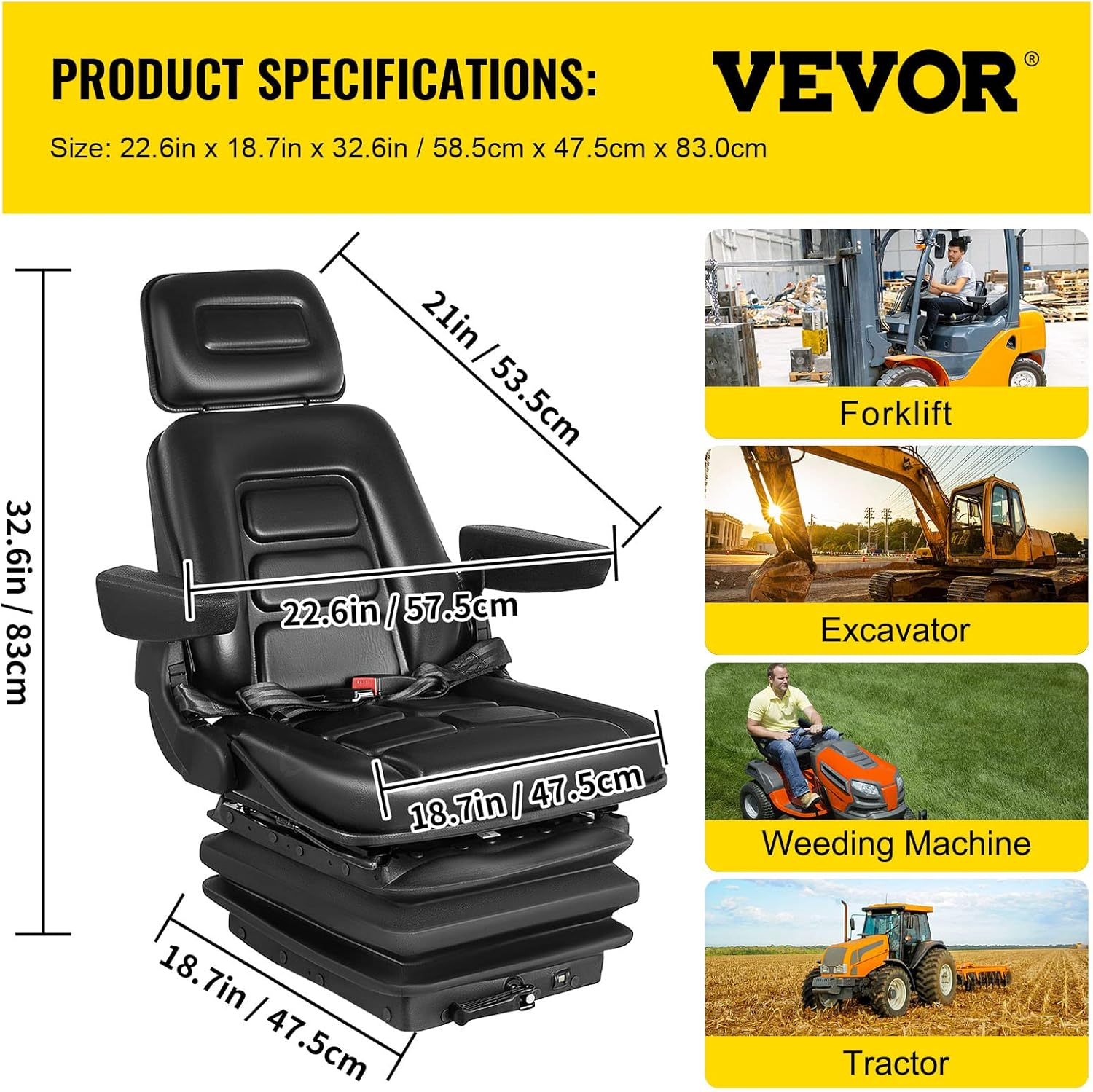 Forklift Seat w/ Slide Rails, Foldable for Tractor Forklift Excavator Skid Steer