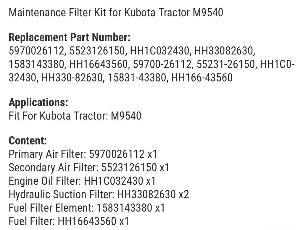 Maintenance Filter Kit for Kubota Tractor M9540