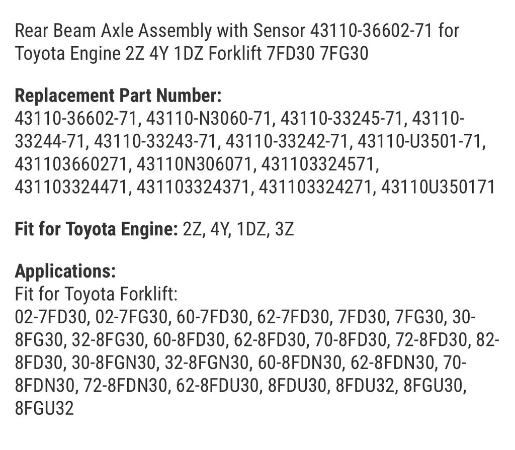 Toyota Forklift Rear Beam Axle Assembly with Sensor 43110-36602-71
