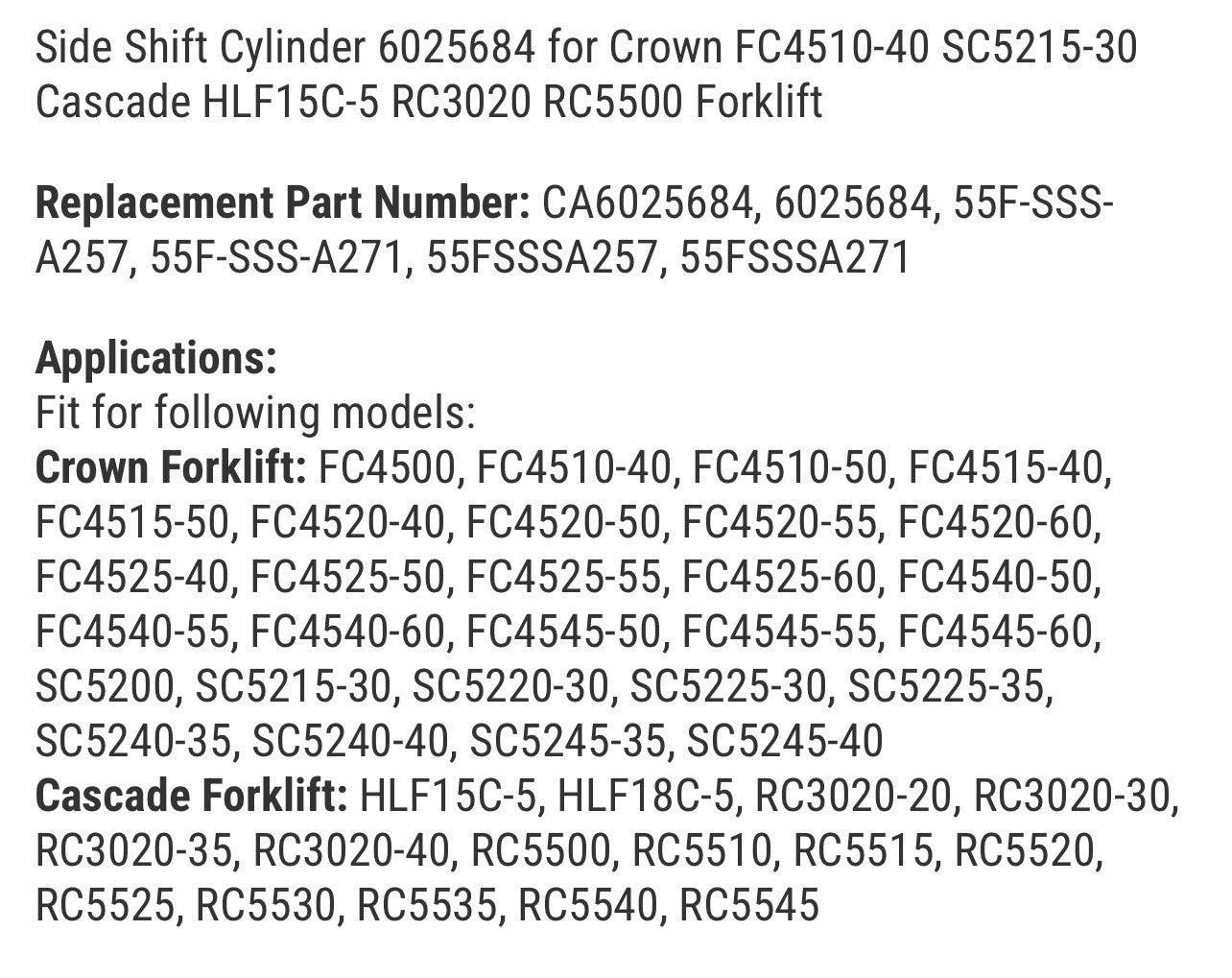 Side Shift Cylinder 6025684 for Forklift Cascade | Fits Many Models