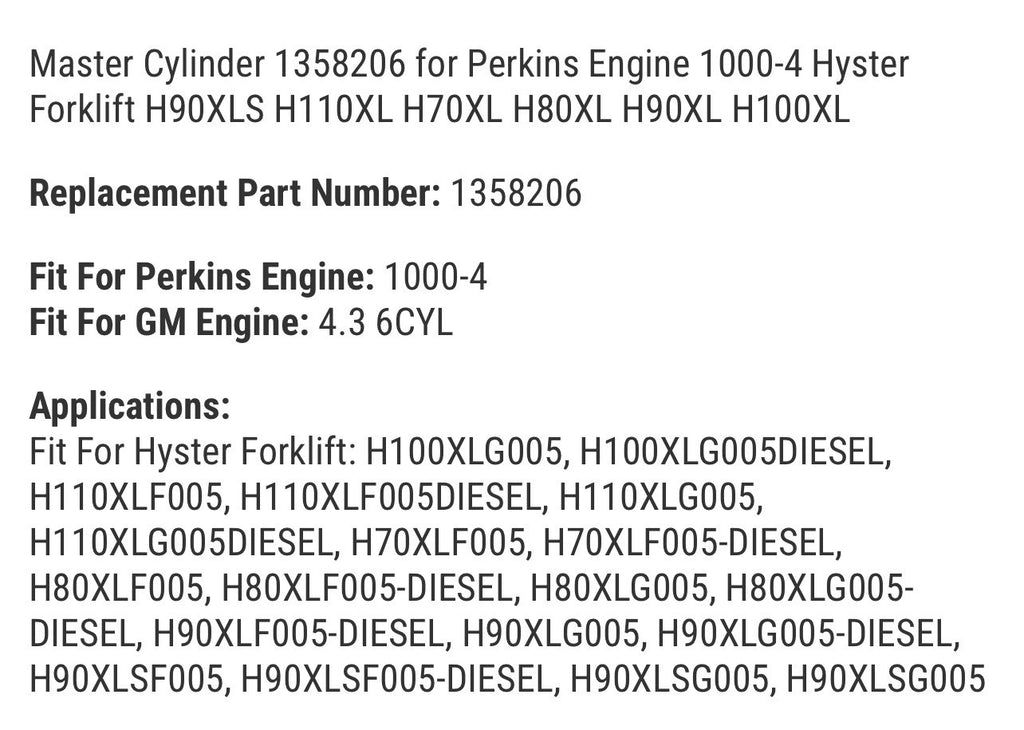 Master Cylinder 1358206 for Perkins Engine 1000-4 Hyster Forklift H90XLS H110XL
