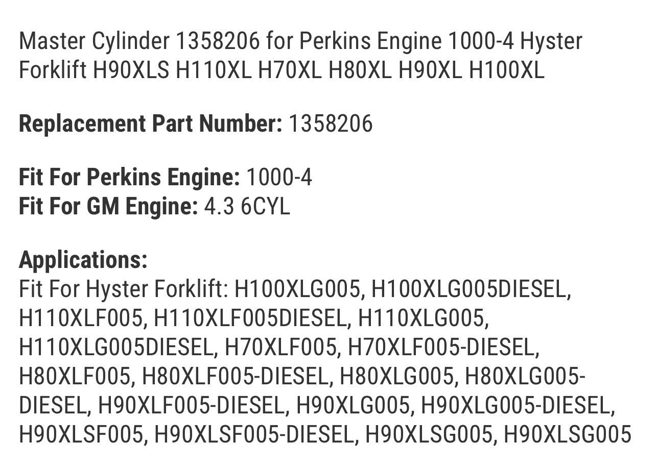 Master Cylinder 1358206 for Perkins Engine 1000-4 Hyster Forklift H90XLS H110XL