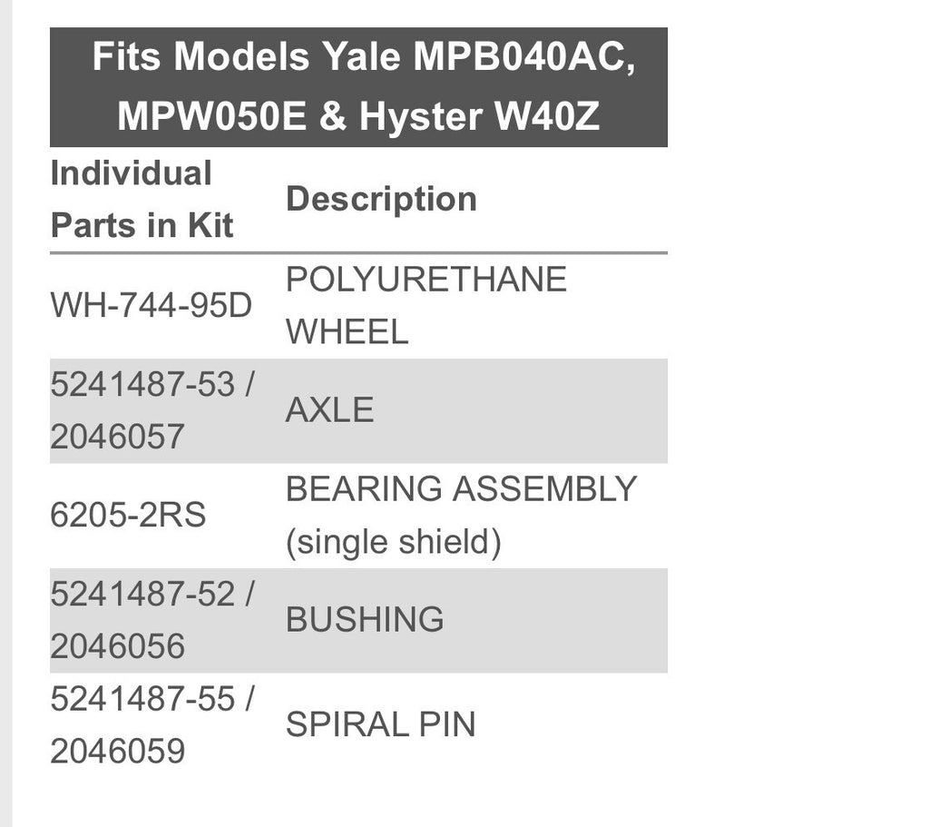 Load Wheel Kit for Yale Model MPB040AC, MPW050E & Hyster W40Z Pallet Jack