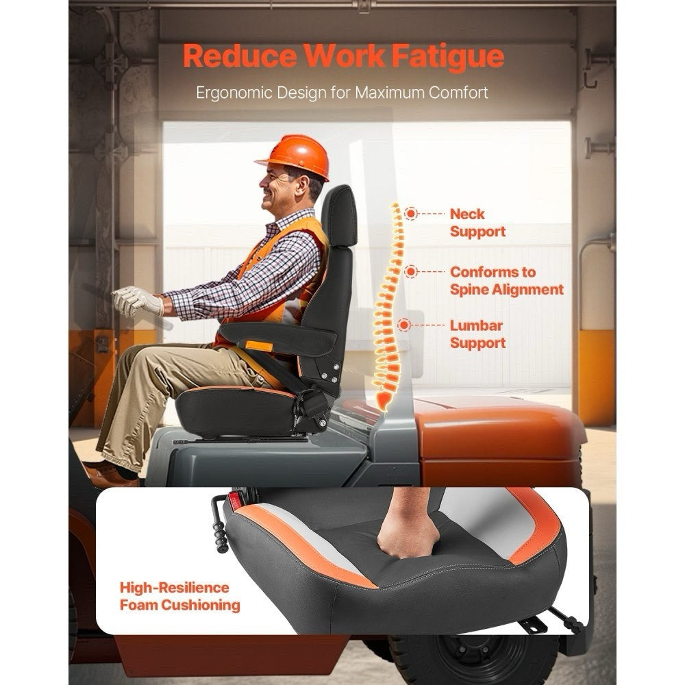 Forklift Seat Mower Tractor Seat Adjustable Back Seatbelt & Headrest Universal
