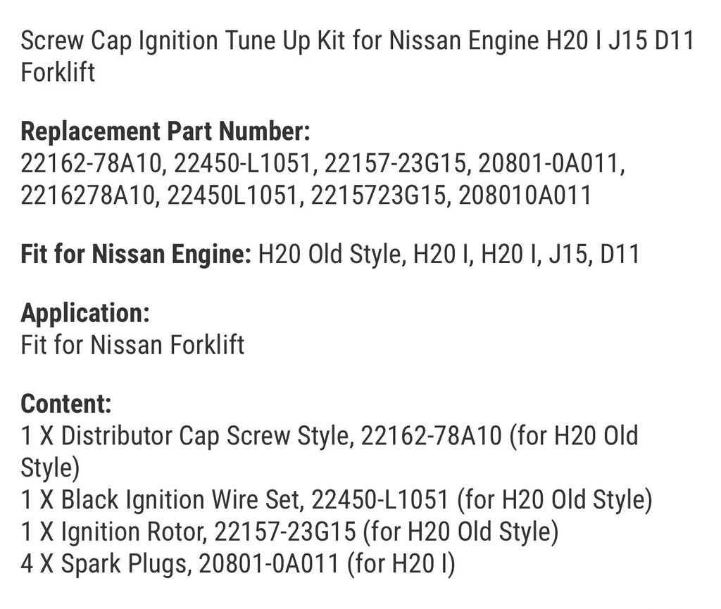 Screw Cap Ignition Tune Up Kit for Nissan Engine H20 I J15 D11 Forklift