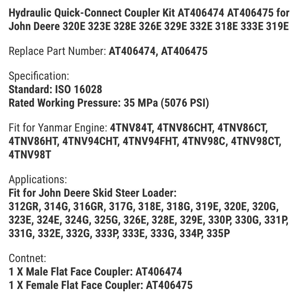 Hydraulic Quick-Connect Coupler Kit AT406474 AT406475 for John Deere