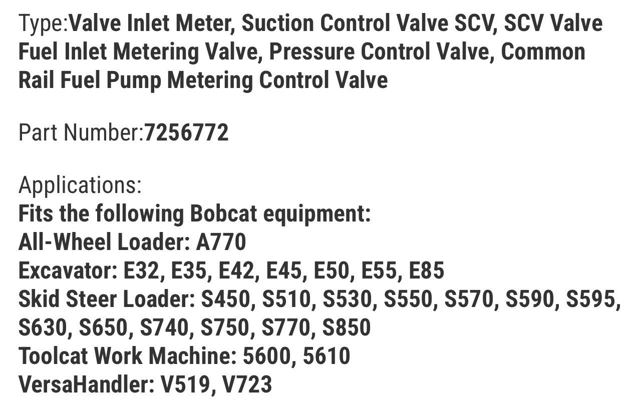 Inlet Metering Valve 7256772 for Bobcat Excavator E32 E35 E42 E45 Loader S450