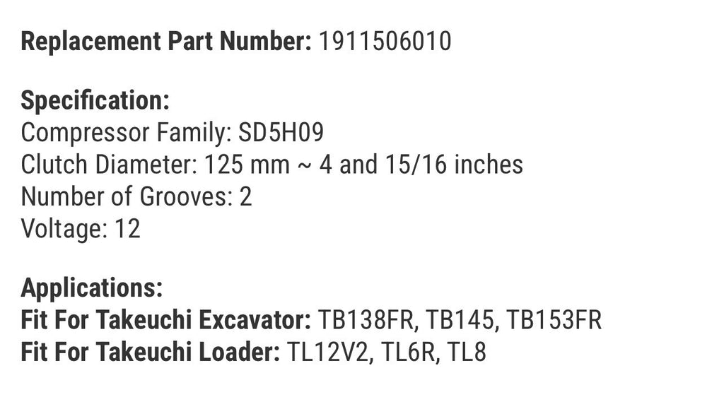 12V SD5H09 125mm A/C Compressor 1911506010 for Takeuchi TB138FR TB145 TL12V2 TL8