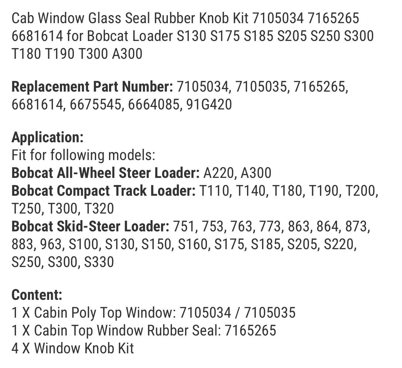 Cab Window Glass Seal Rubber Knob Kit 7105034 7165265 6681614 for Bobcat