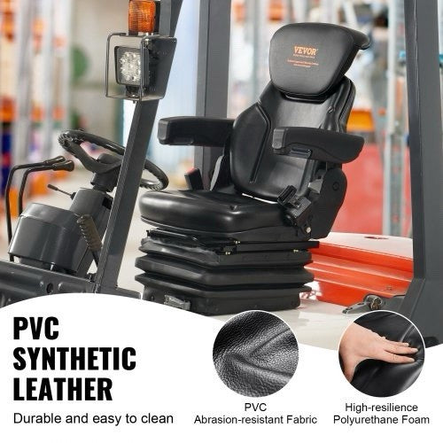 Universal Forklift Seat Adjustable Tractor Seat with Suspension Armrests | Black