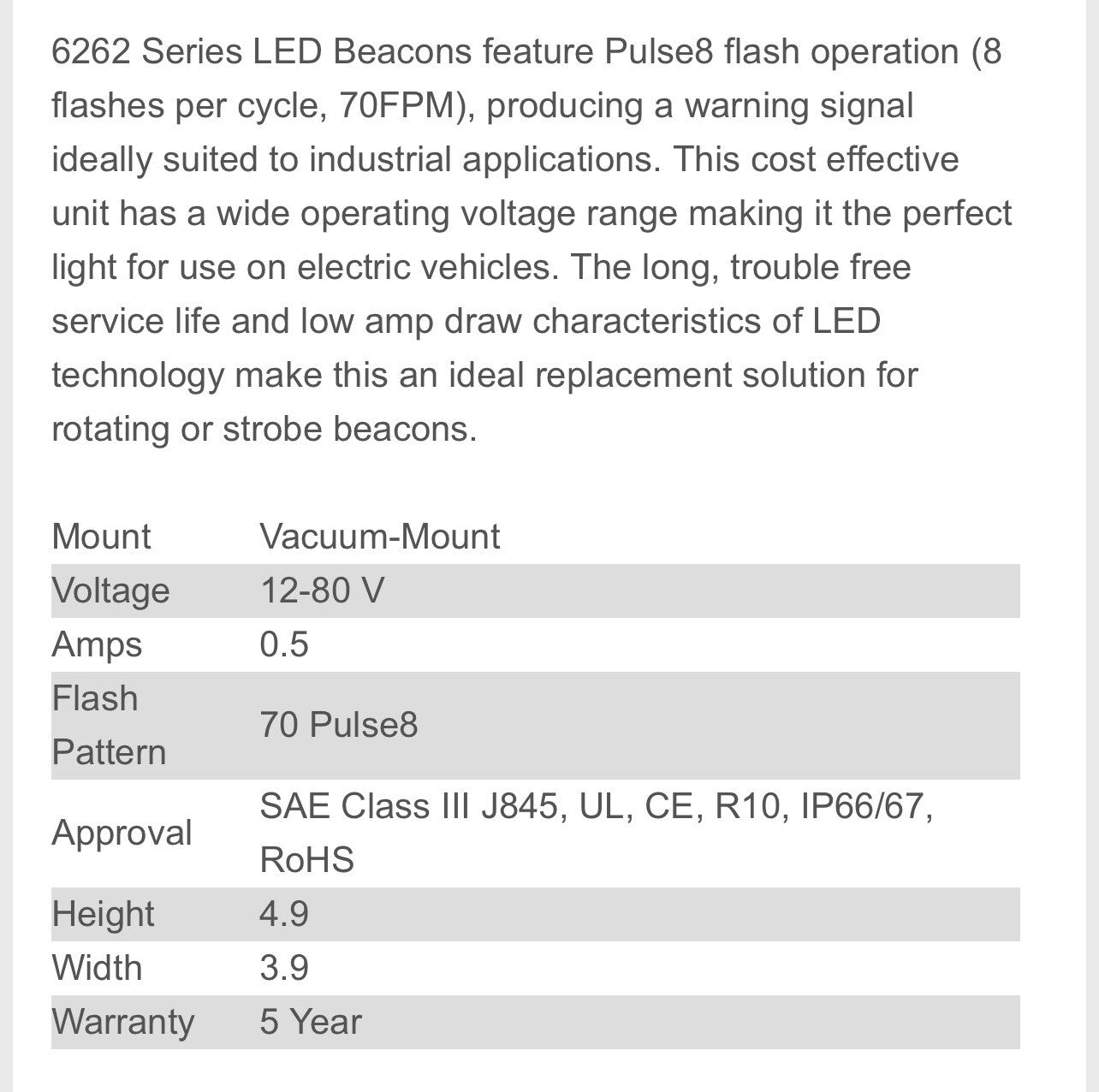 6262A ECCO Strobe Lamp (LED AMBER) 12-80 V for Forklifts