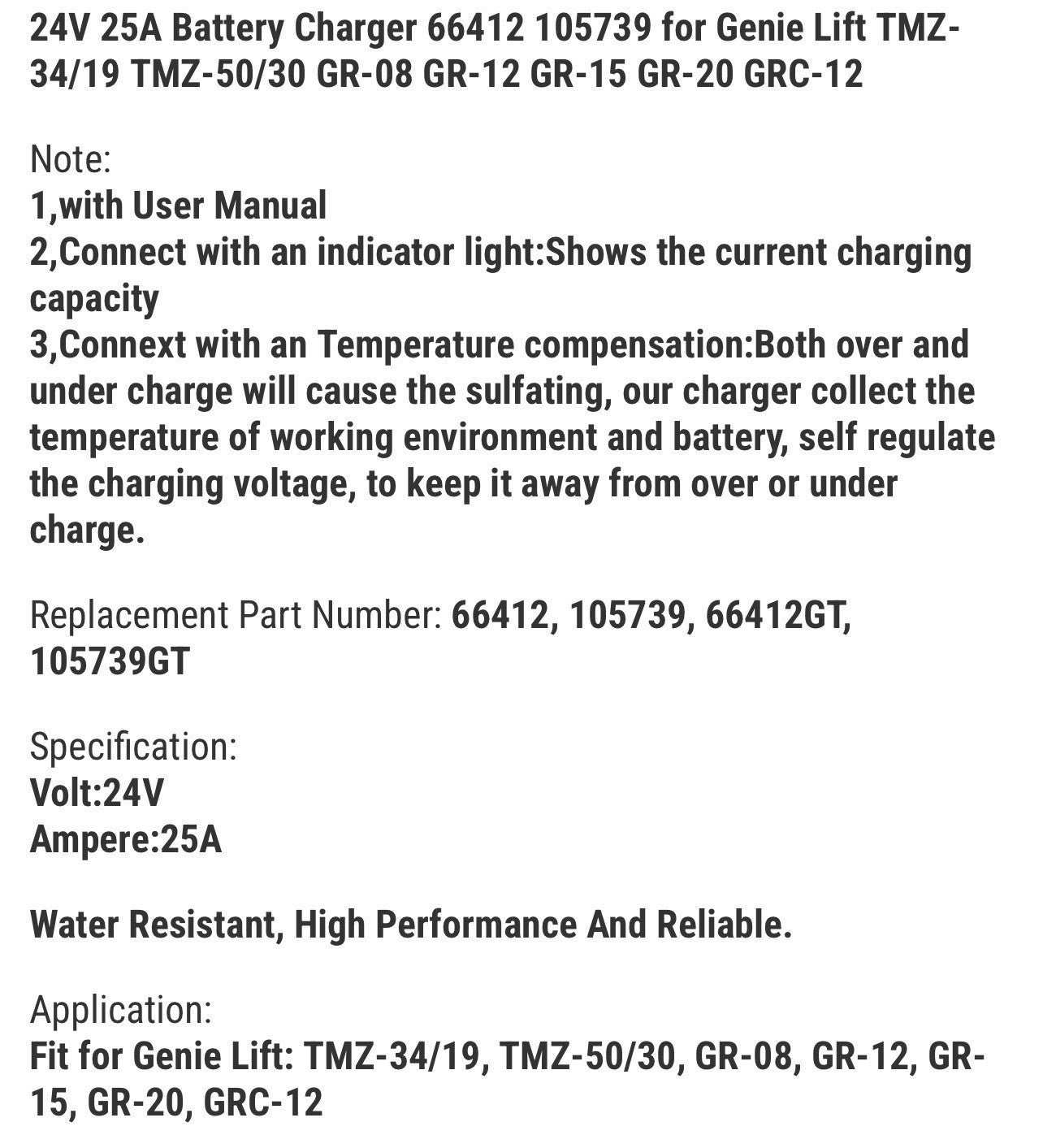 24V 25A Battery Charger 66412 105739 for Genie Lift TMZ-34/19 TMZ-50/30 GR-08 GR