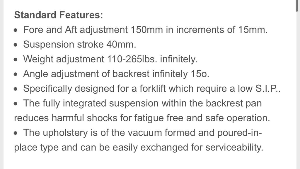 Forklift Seat Black Cloth with Suspension | Universal Fit for All Models 3000