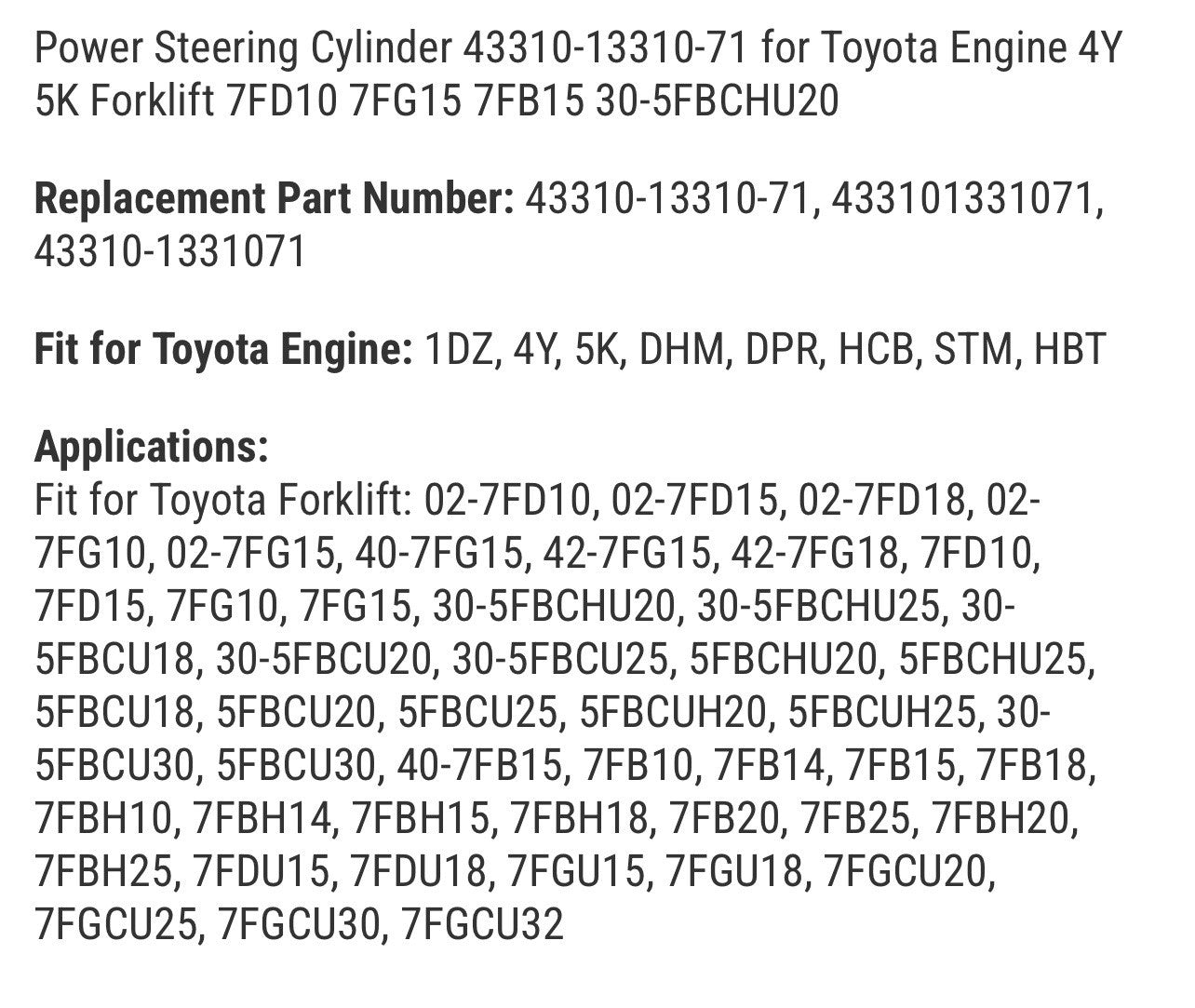 Toyota Forklift Power Steering Cylinder assy 43310-13310-71
