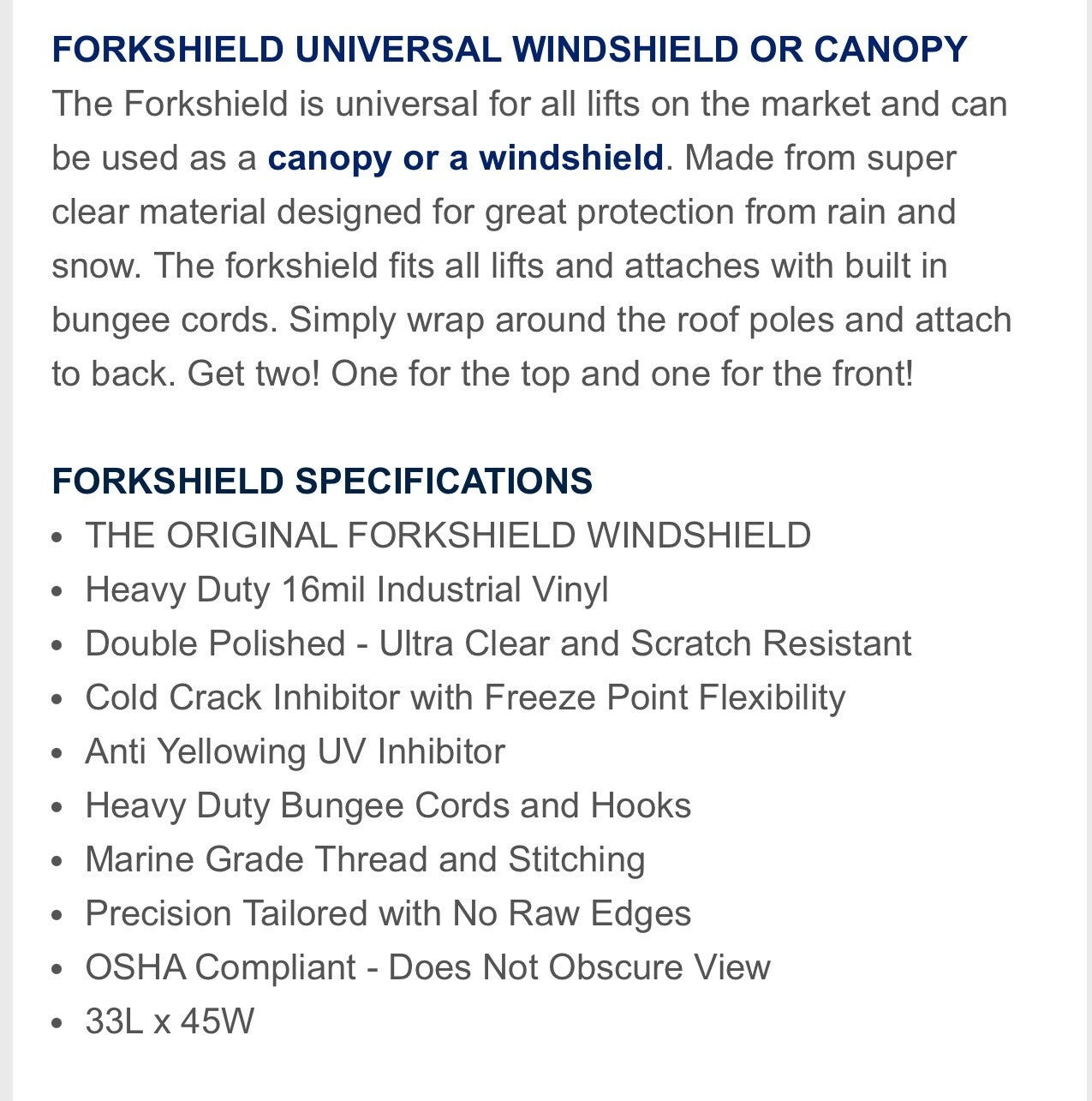 UNIVERSAL FORKLIFT FORKSHIELD/CLEAR CAP | 33"L x 45"W | FITS ALL MODELS