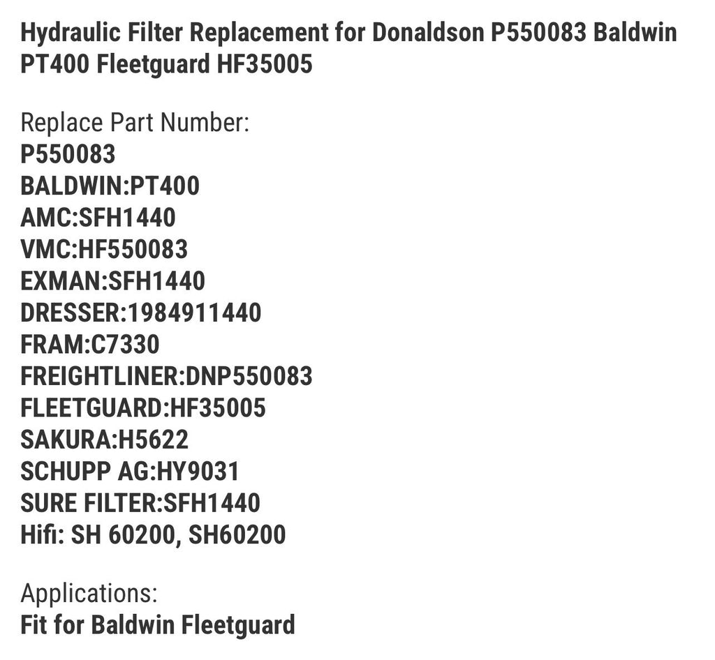 Hydraulic Filter Replacement for Donaldson P550083 Baldwin PT400