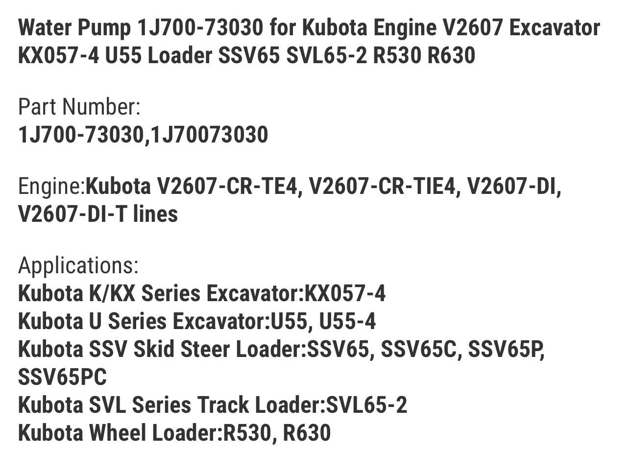 Water Pump 1J700-73030 for Kubota Engine V2607 Excavator