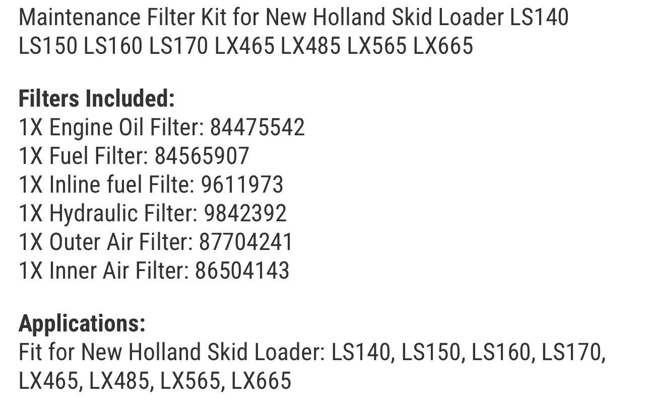Maintenance Filter Kit for New Holland Skid Loader LS140 LS150 LS160 LS170 LX465
