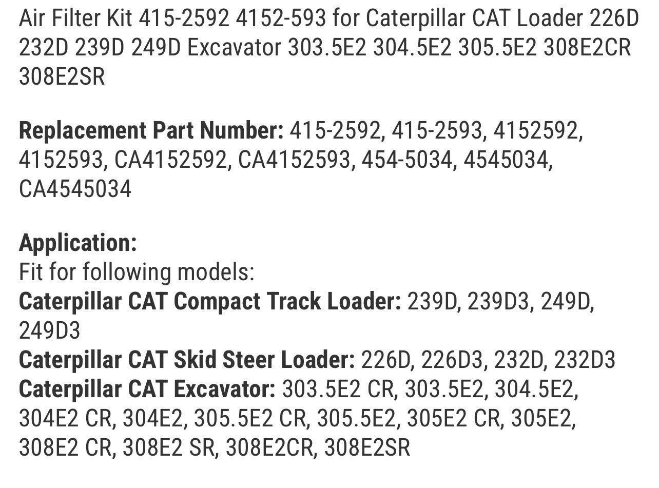 Air Filter Kit 415-2592 4152-593 for Caterpillar CAT Loader 226D 232D 239D 249D