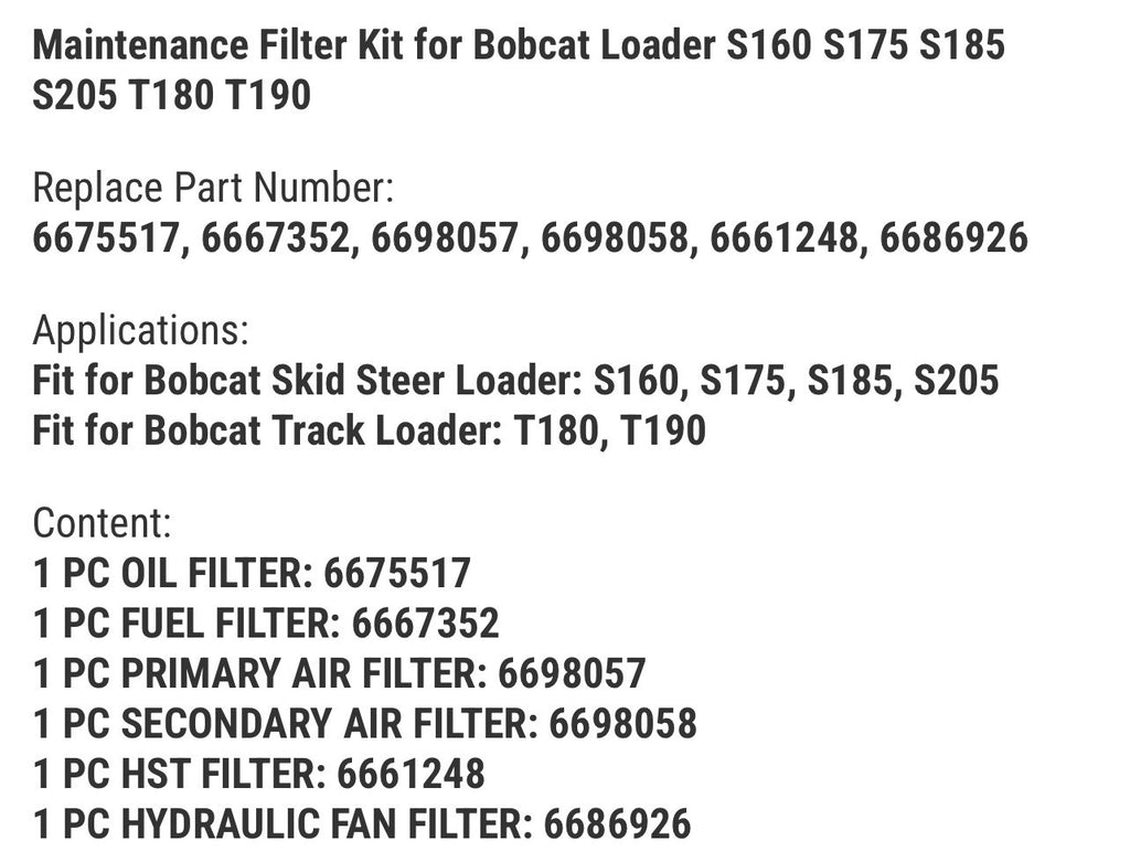 Filter Kit for Bobcat Loader S160 S175 S185 S205 T180 T190