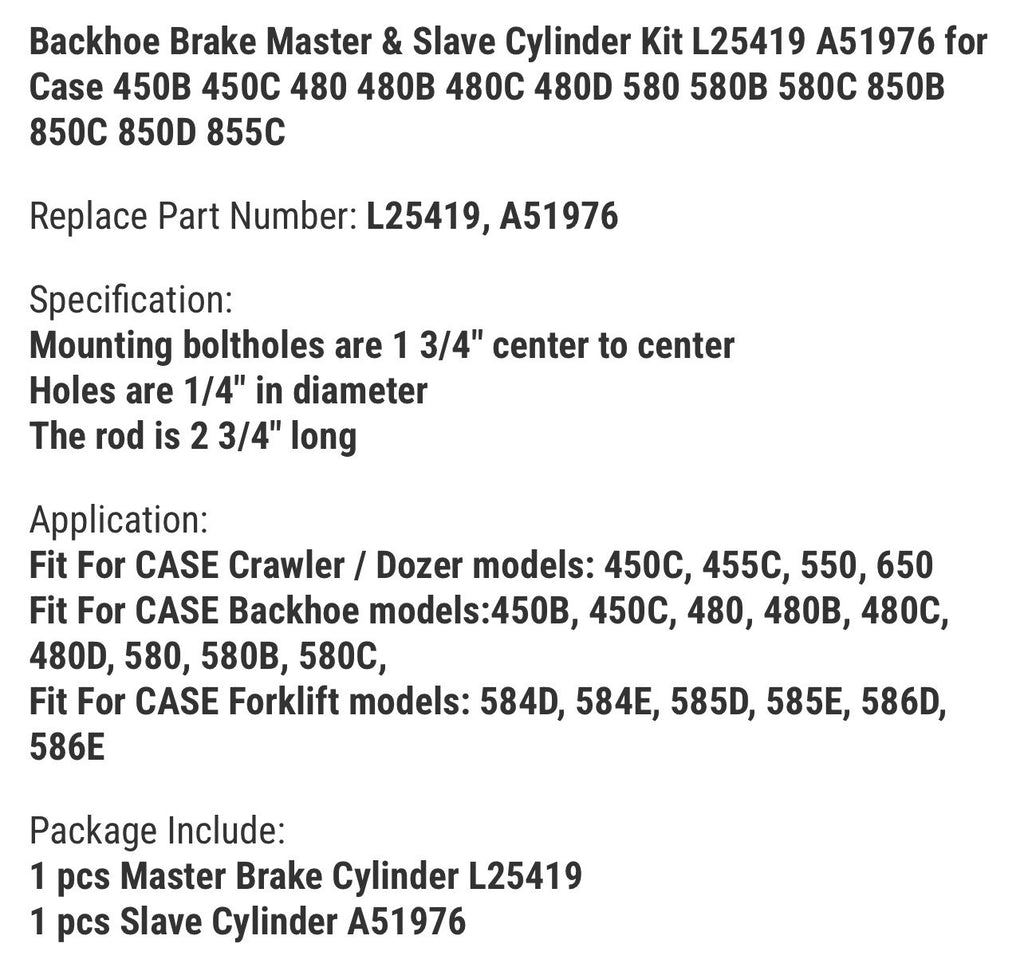 Backhoe Brake Master & Slave Cylinder Kit L25419 A51976 for Case