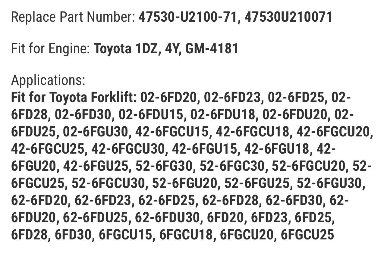 Brake Master Cylinder 47530-U2100-71 for Toyota Forklift 42-6FGCU15 42-6FGCU25