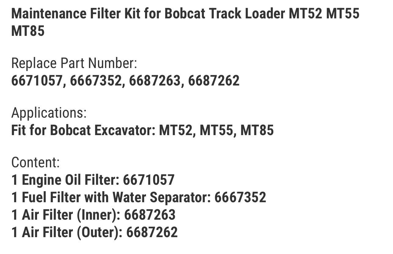 Maintenance Filter Kit for Bobcat Track Loader MT52 MT55 MT85