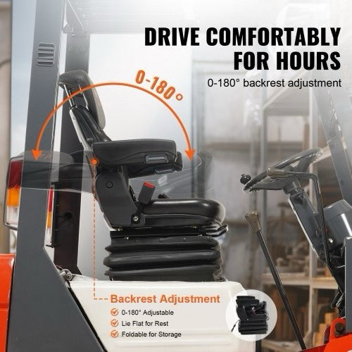 Universal Forklift Seat Adjustable Tractor Seat with Suspension Armrests | Black