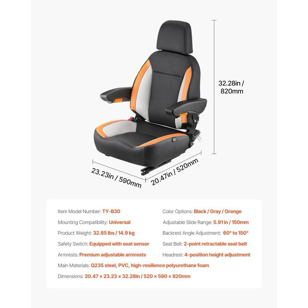 Forklift Seat Mower Tractor Seat Adjustable Back Seatbelt & Headrest Universal