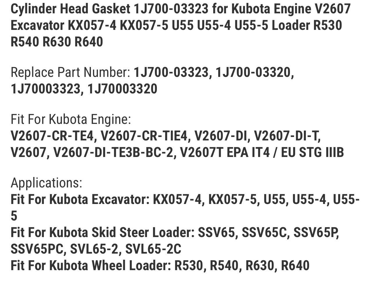 Cylinder Head Gasket 1J700-03323 for Kubota Engine V2607 Excavator