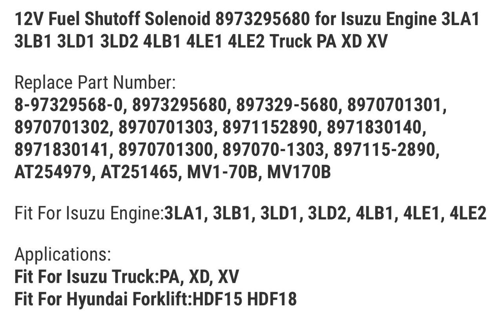 12V Fuel Shutoff Solenoid 8973295680 for Isuzu Engine 3LA1 3LB1 3LD1 3LD2