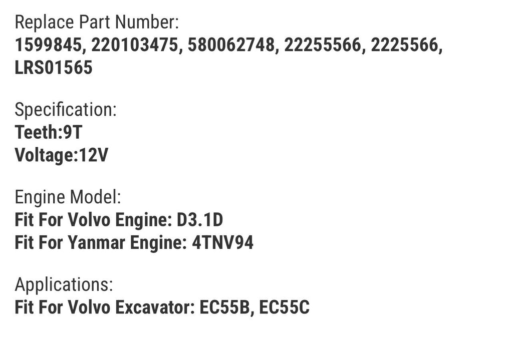 12V 9T Starter Motor for Volvo EC55B EC55C Excavator D3.1D Yanmar 4TNV94 Engine