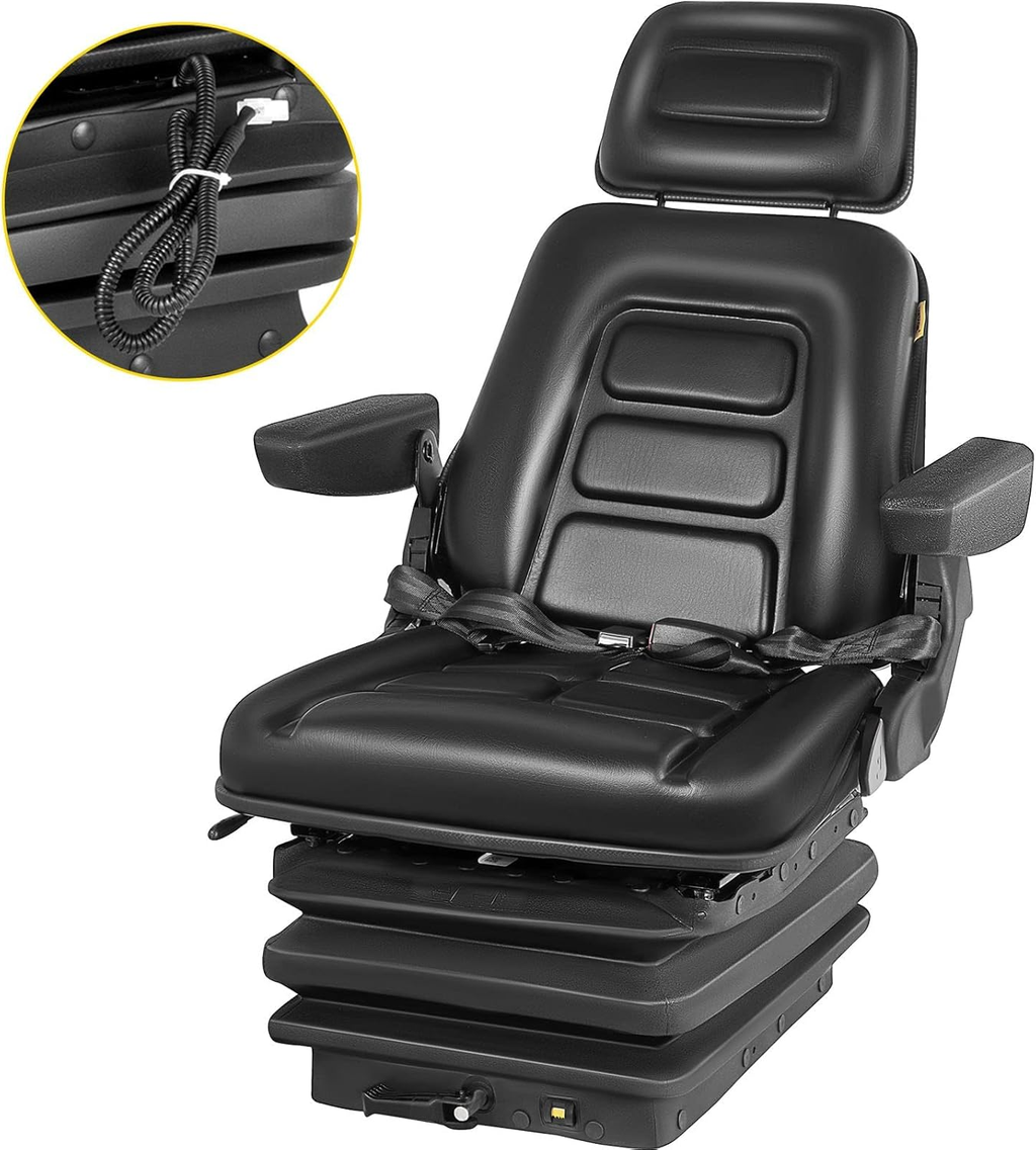 Forklift Seat w/ Slide Rails, Foldable for Tractor Forklift Excavator Skid Steer