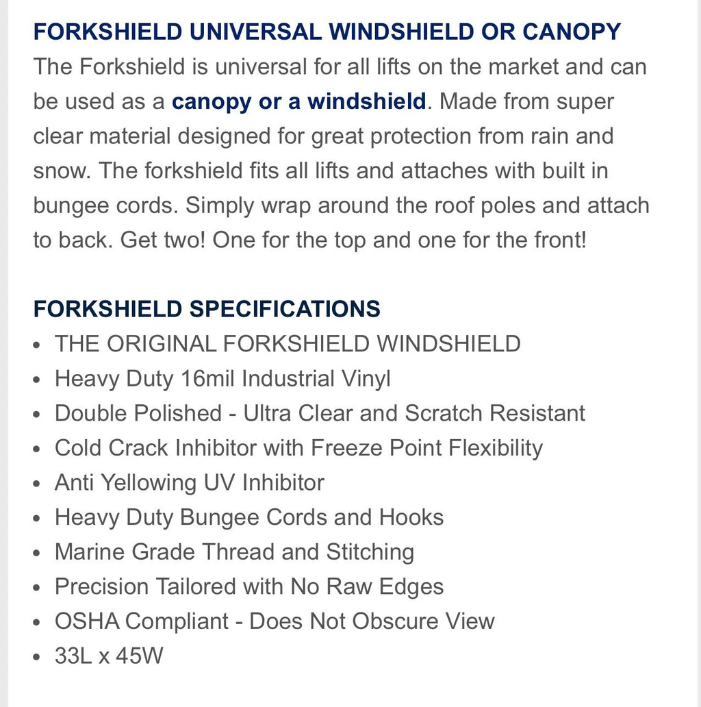 UNIVERSAL FORKLIFT FORKSHIELD/CLEAR CAP | 33"L x 45"W | FITS ALL MODELS